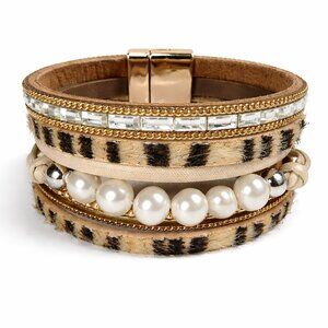 Saachi Multi-Strand Leopard & Freshwater Pearl Magnetic Bracelet